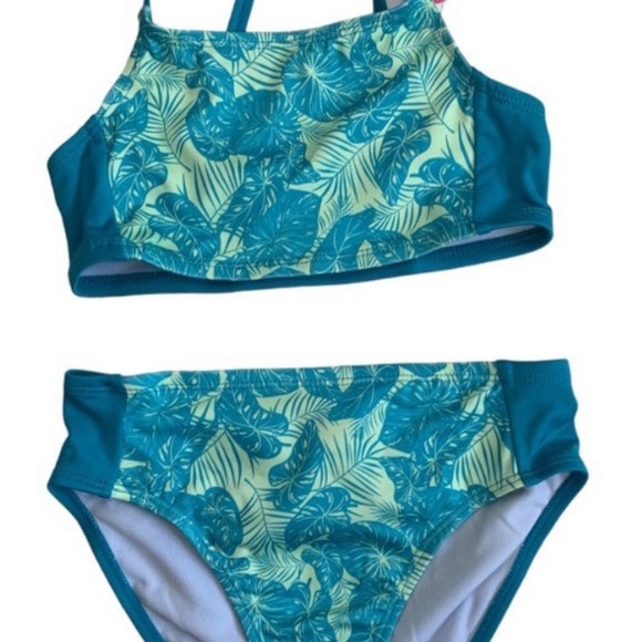 NWT Lily & Dan Girls 2 Piece Swim Set Medium Top & Bottom turquoise Tropical - Picture 1 of 7